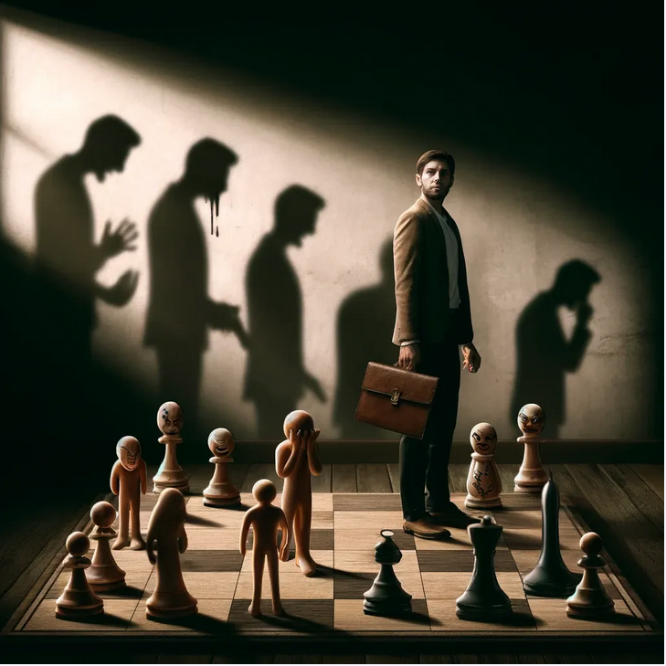 monochrome image, several men on a chess board, confused as they try to navigate their way through the chess pieces